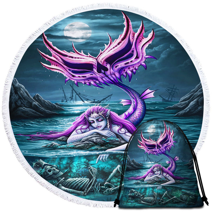 Cool Scary Ocean Art Skeleton and Mermaid Circle Beach Towel