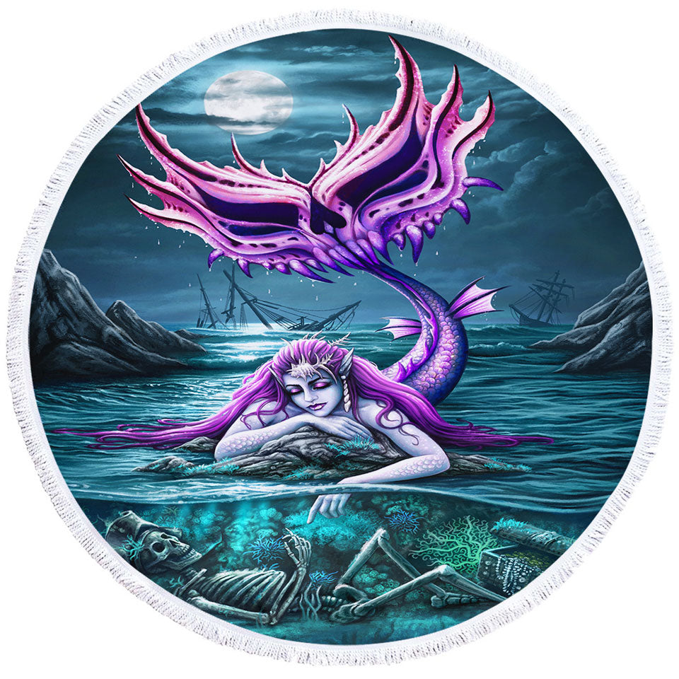 Cool Scary Ocean Art Skeleton and Mermaid Round Beach Towel