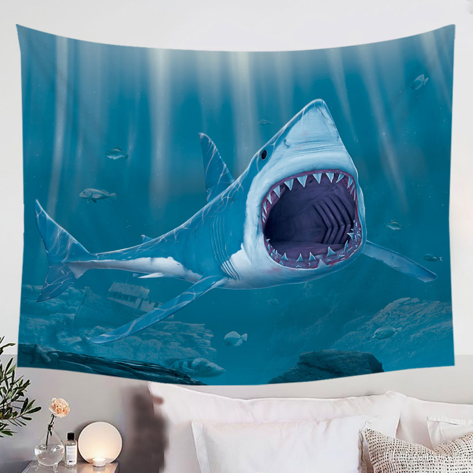 Cool-Scary-Wall-Decor-Prints-Marine-life-Art-Shark-Bite-Tapestry
