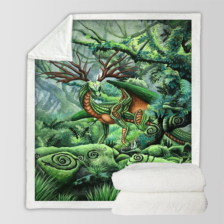 products/Cool-Sherpa-Blanket-Green-Hidden-Guardian-Fantasy-Forest-Deer-Dragon