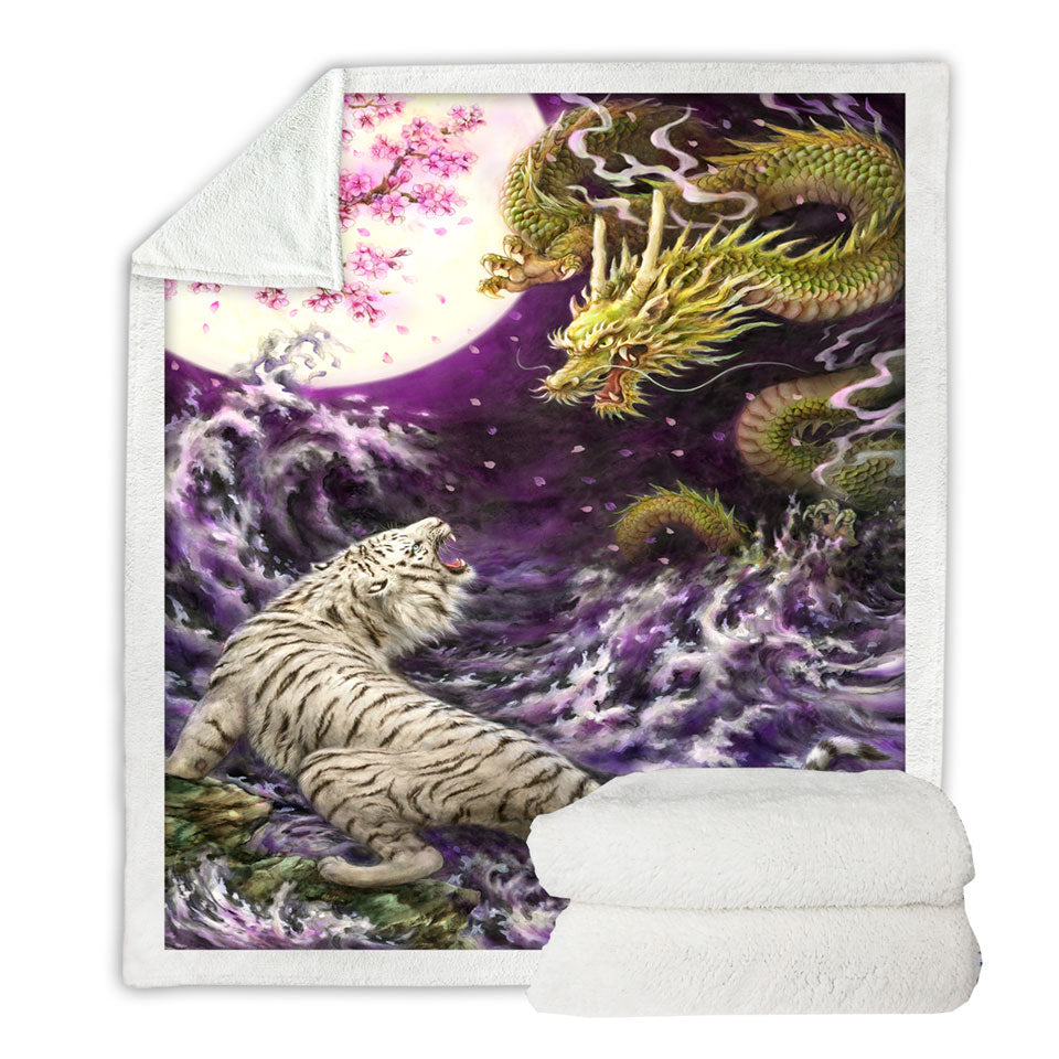Cool Sherpa Blanket Painting Moonlight Battle Tiger vs Dragon