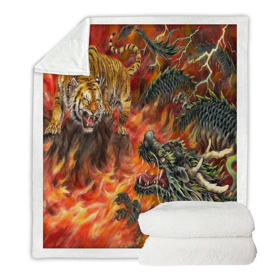 Cool Sherpa Blanket for Guys Fantasy Art Dragon vs Tiger in Fire