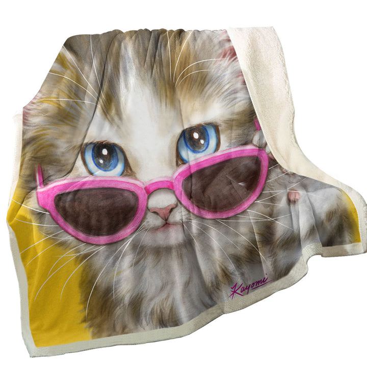 Cool Sherpa Blankets for Girls Cat Art Girly Kitten Wearing Pink Sunglass