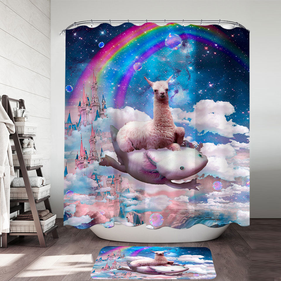 Cool Shower Curtains Online Fantasy Crazy Space Llama Riding Axolotl