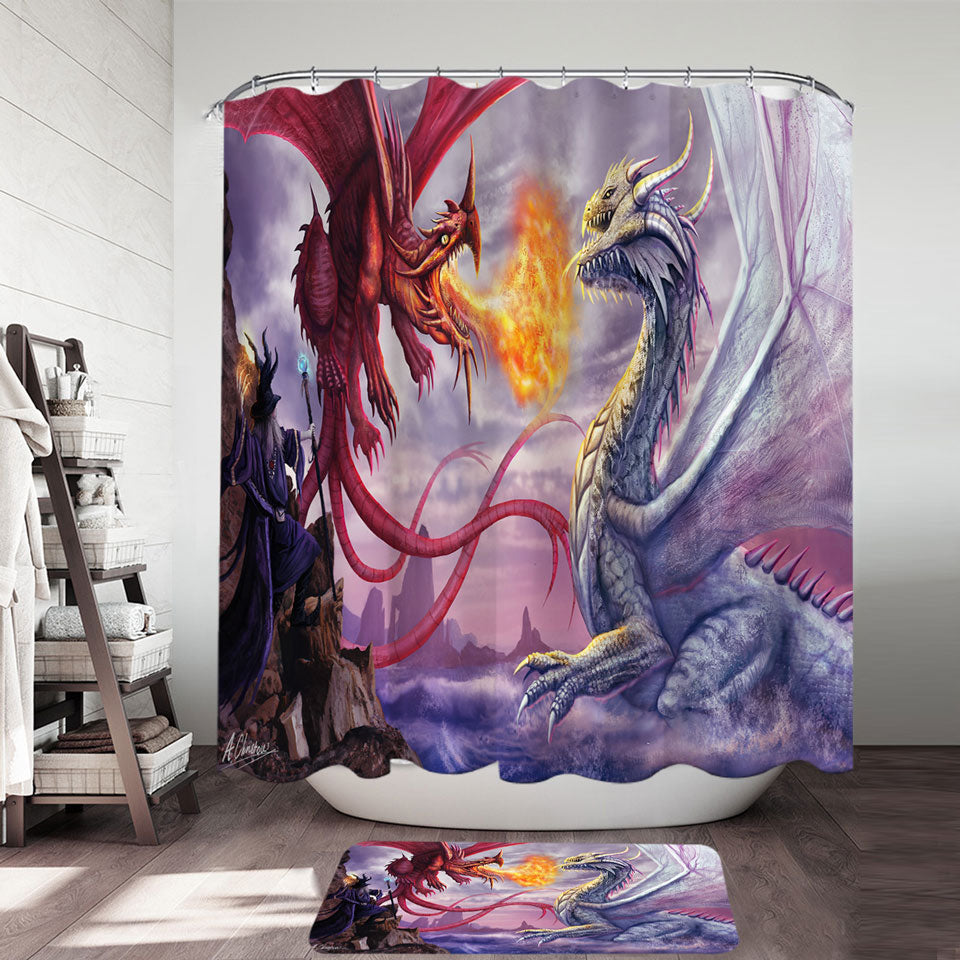 Cool Shower Curtains for Guys Fantasy Artwork Dragons War