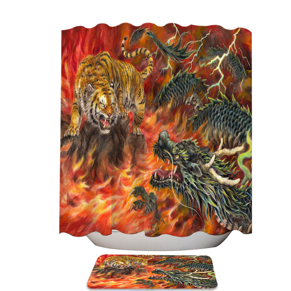 Cool Shower Curtains for Men Fantasy Art Dragon vs Tiger in Fire