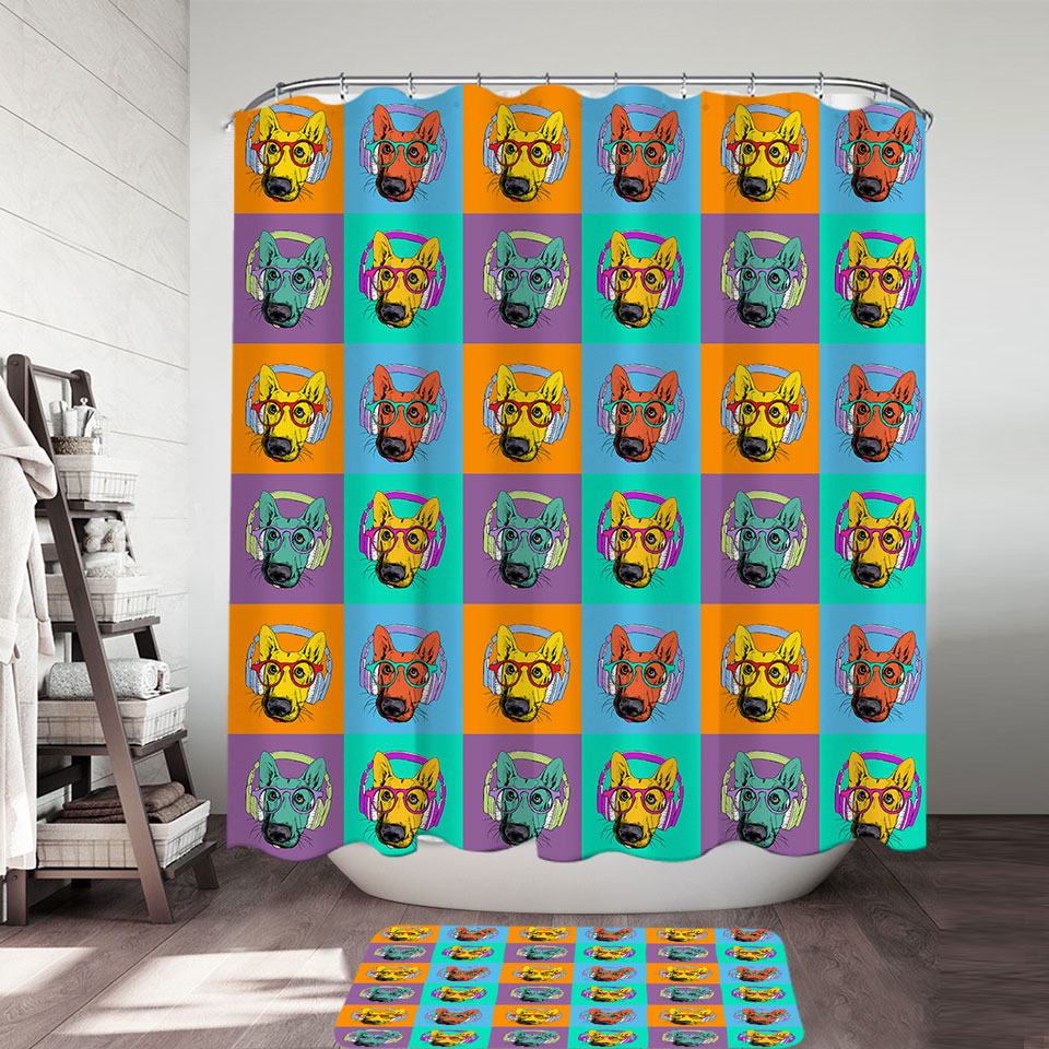 Cool Shower Curtains with a Panel of Multi Colored Cool Hipster Dog