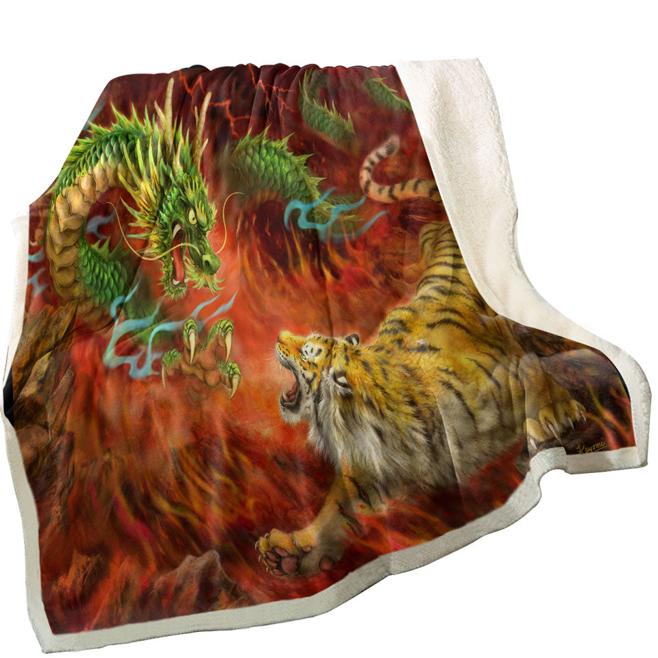 Cool Sofa Blankets Fantasy Art Chinese Dragon vs Tiger in Fire