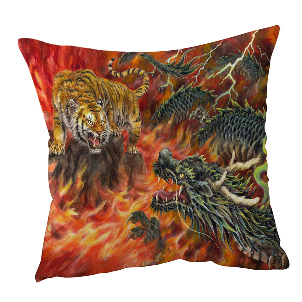 Cool Sofa Pillows for Men Fantasy Art Dragon vs Tiger in Fire
