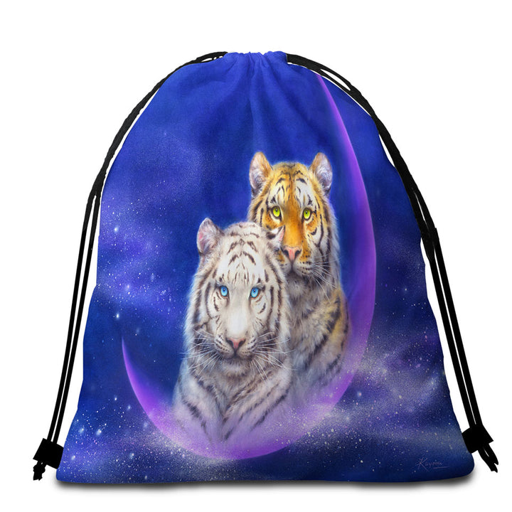 Cool Space Beach Towels and Bags Set Milky Way Orange and White Tigers