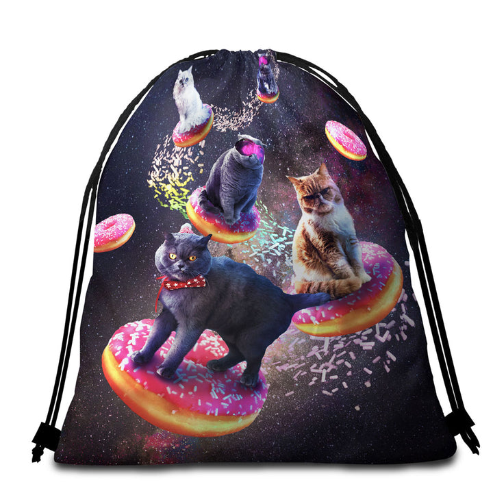 Cool Space Galaxy Beach Towel Bags Cats Riding Donuts