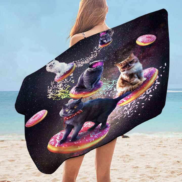 Cool Space Galaxy Microfiber Beach Towel with Cats Riding Donuts
