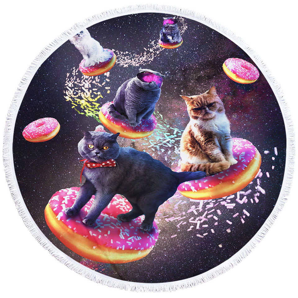 Cool Space Galaxy Round Beach Towel with Cats Riding Donuts