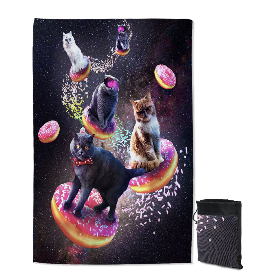 Cool Space Galaxy Thin Beach Towels with Cats Riding Donuts