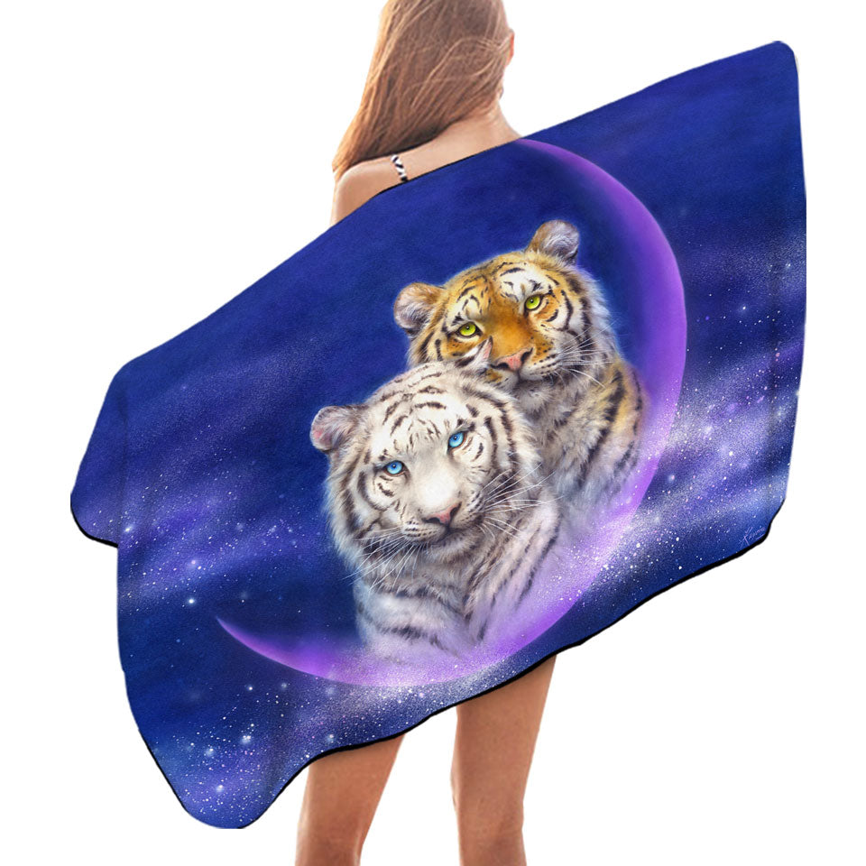 Cool Space Microfiber Beach Towel Milky Way Orange and White Tigers