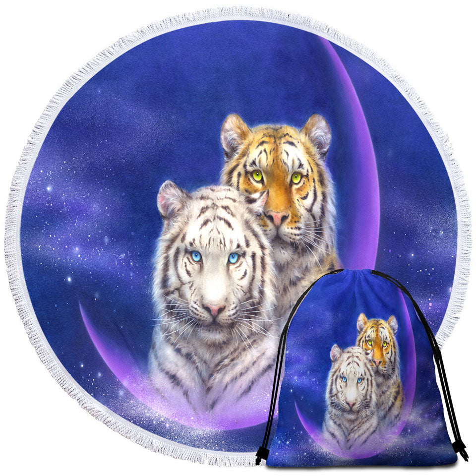 Cool Space Round Beach Towels Milky Way Orange and White Tigers