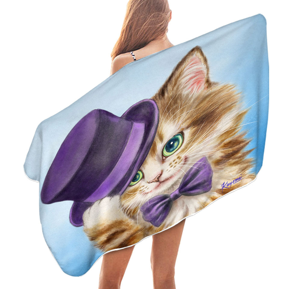 Cool Swims Towel with Cats Art the Purple Top Hat and Bow Tie Kitty