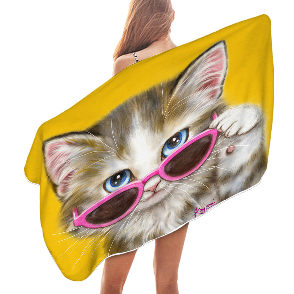 Cool Swims Towels for Girls Cat Art Girly Kitten Wearing Pink Sunglass