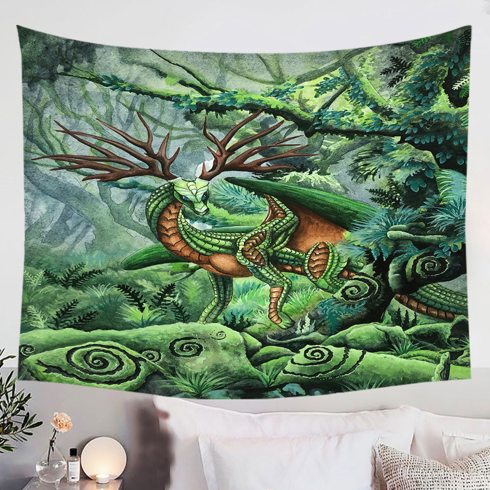 Cool-Tapestry-Green-Hidden-Guardian-Fantasy-Forest-Deer-Dragon