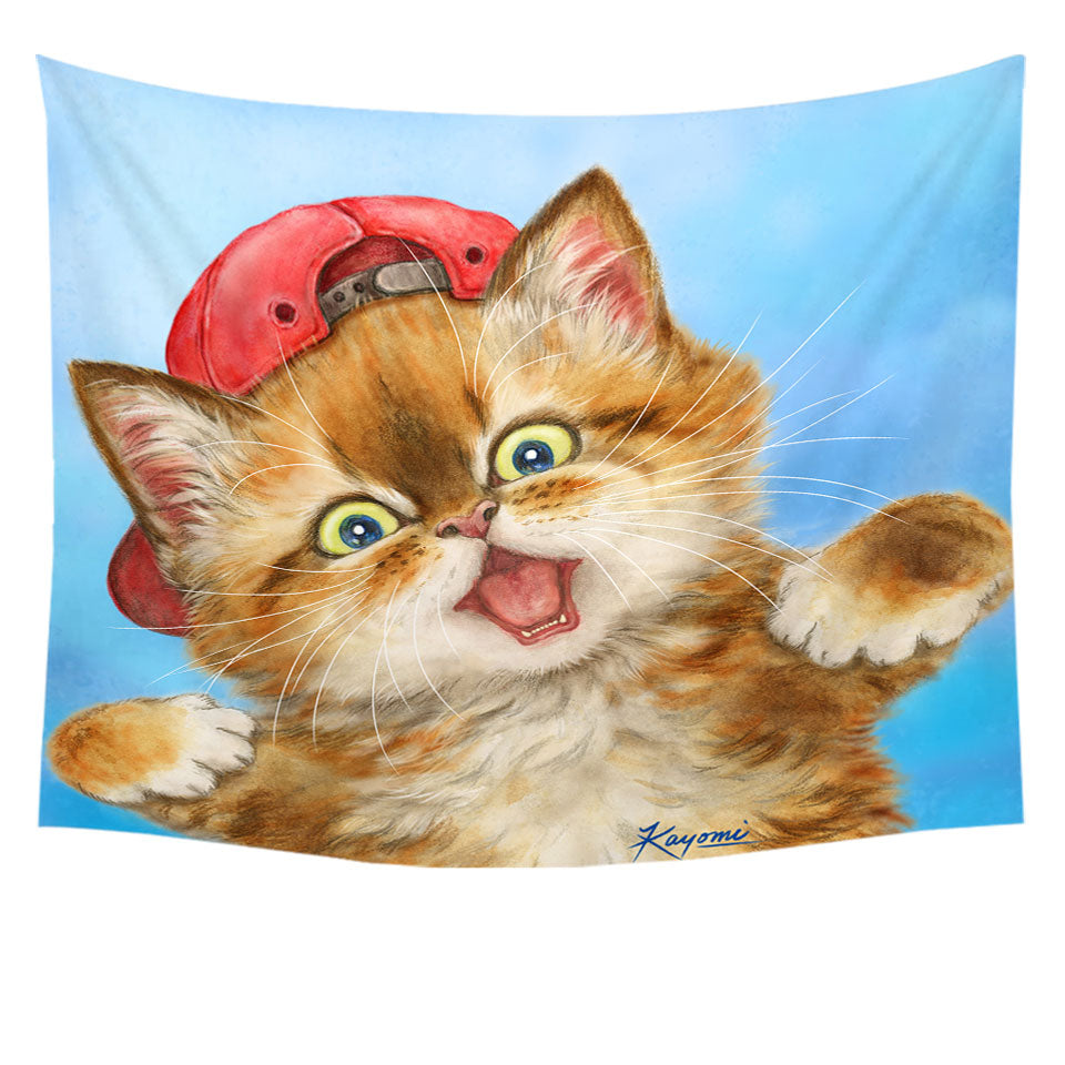 Cool Tapestry Wall Decor Cats Boy Ginger Kitten Wearing a Cap Hat