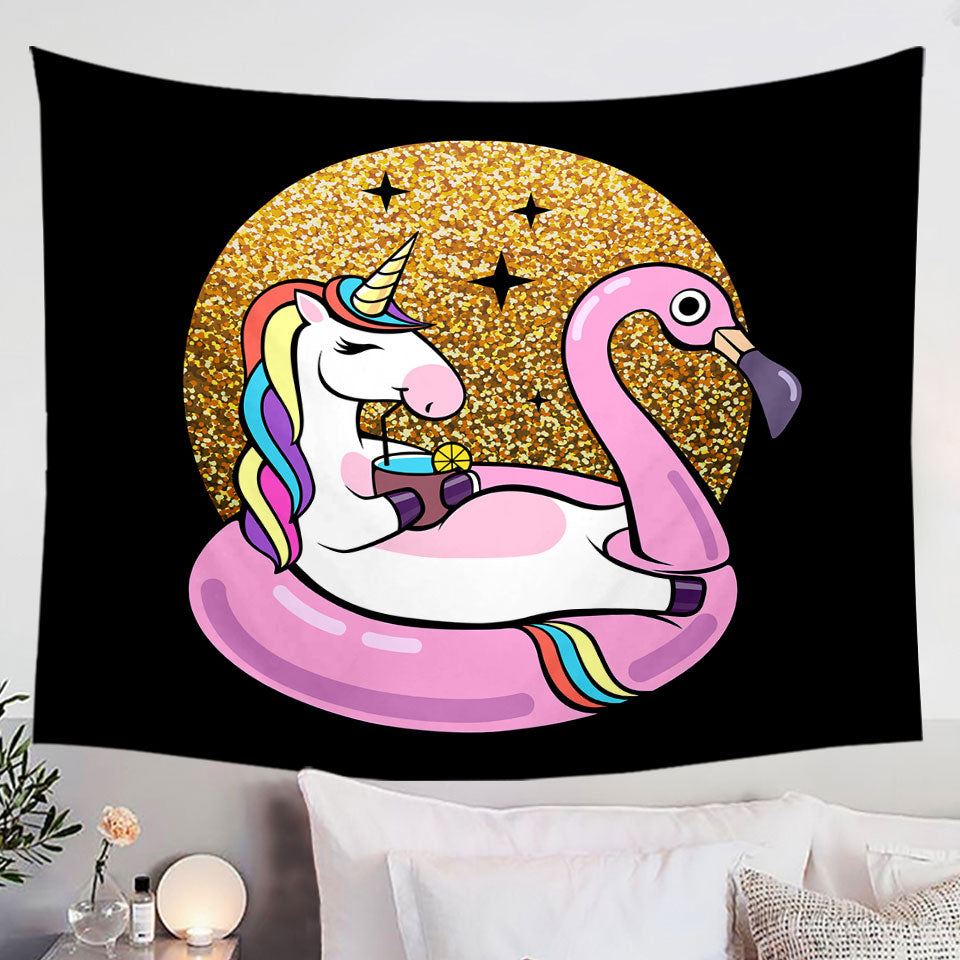 Cool Tapestry Wall Home Decor Unicorn Chilling on Flamingo Float