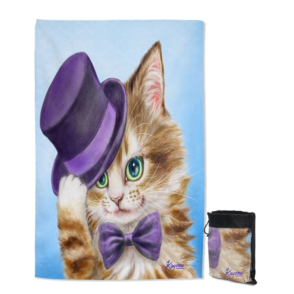 Cool Thin Beach Towel Cats Art the Purple Top Hat and Bow Tie Kitty