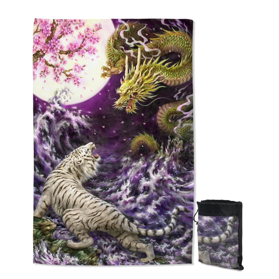 Cool Thin Beach Towels Painting Moonlight Battle Tiger vs Dragon