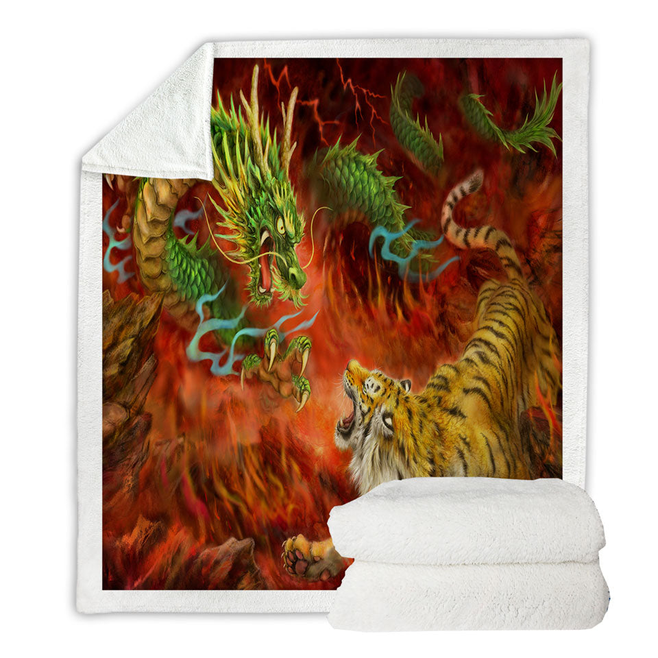 Cool Throw Blanket Fantasy Art Chinese Dragon vs Tiger in Fire