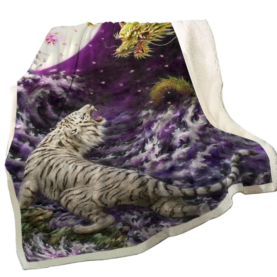 Cool Throw Blanket Painting Moonlight Battle Tiger vs Dragon