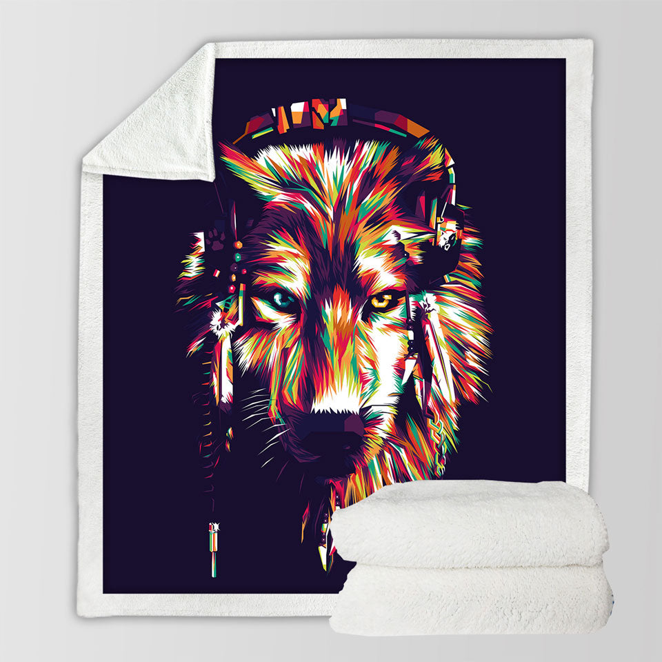 Cool Throw Blankets for Guys Colorful Artistic Wolf