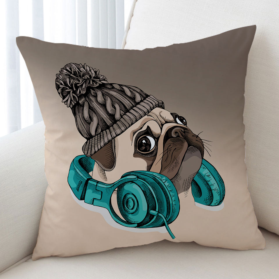 Cool Throw Pillow with Winter Pug Wearing Headphones
