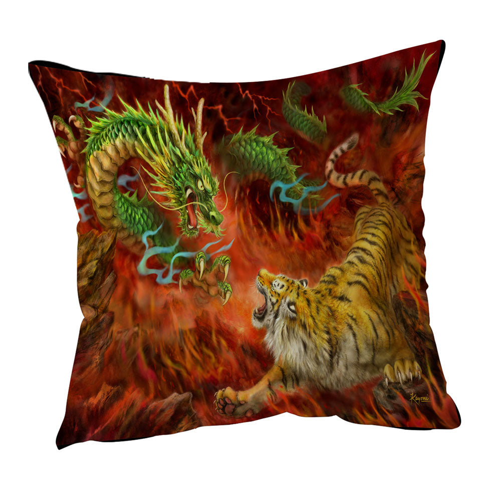 Cool Throw Pillows Fantasy Art Chinese Dragon vs Tiger in Fire