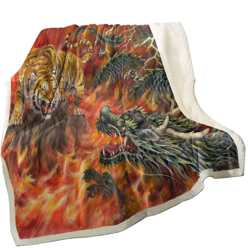 Cool Throws for Men Fantasy Art Dragon vs Tiger in Fire