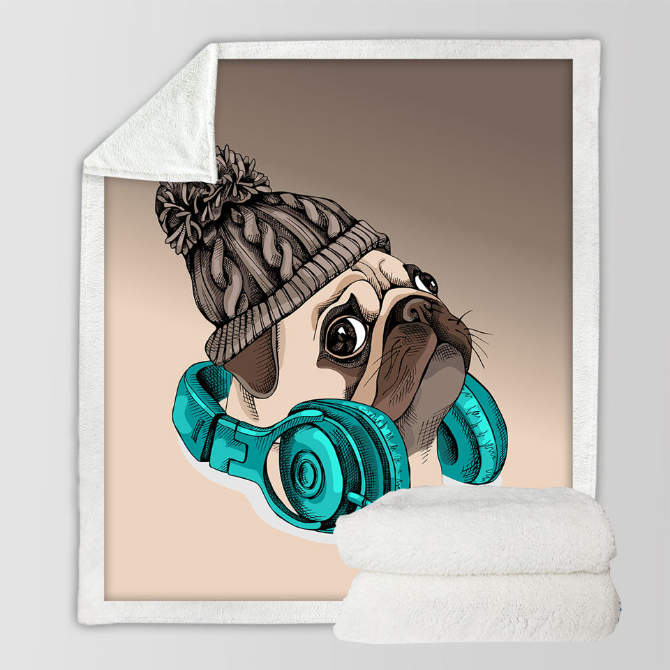 Cool Throws with Winter Pug Wearing Headphones