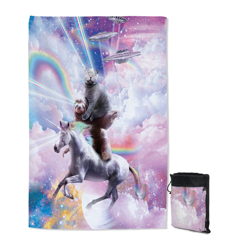 Cool Travel Beach Towel Galaxy Cat on Sloth on Unicorn in Space