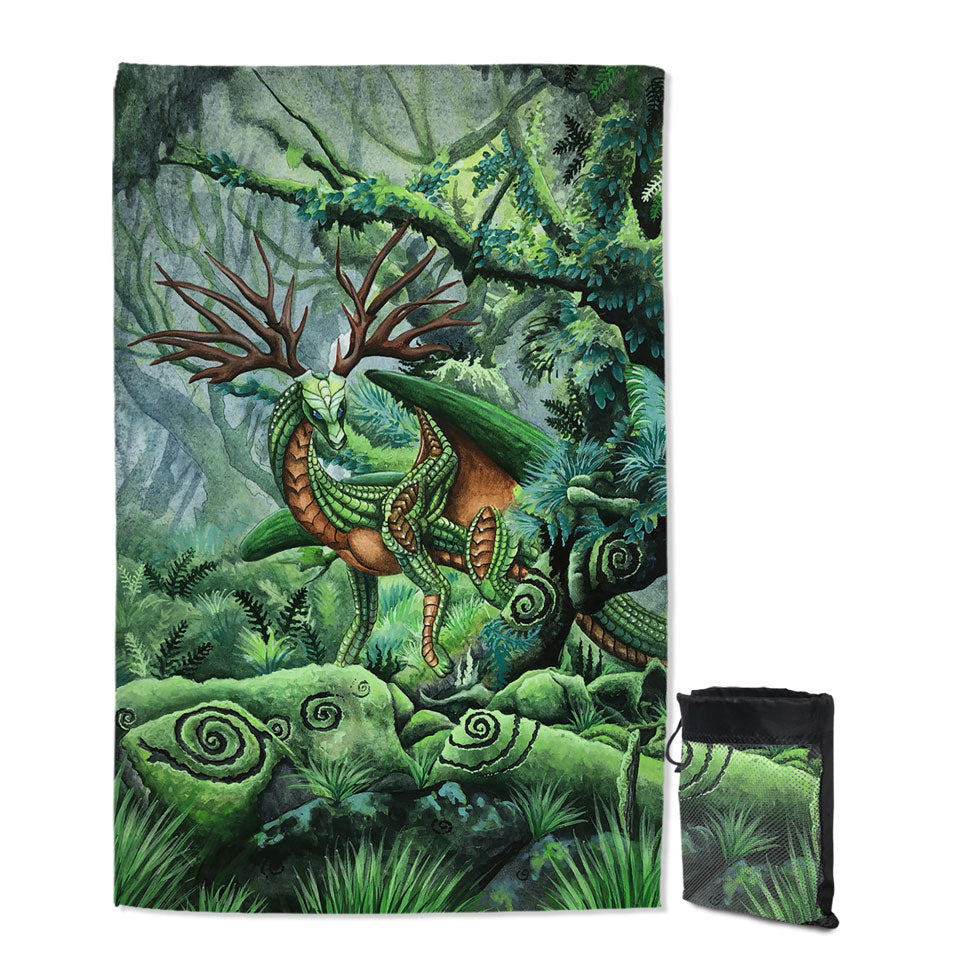 Cool Travel Beach Towel Green Hidden Guardian Fantasy Forest Deer Dragon