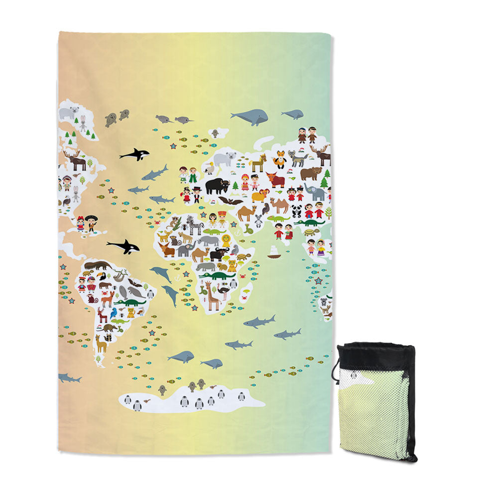 Cool Travel Beach Towel People and Animals World Map