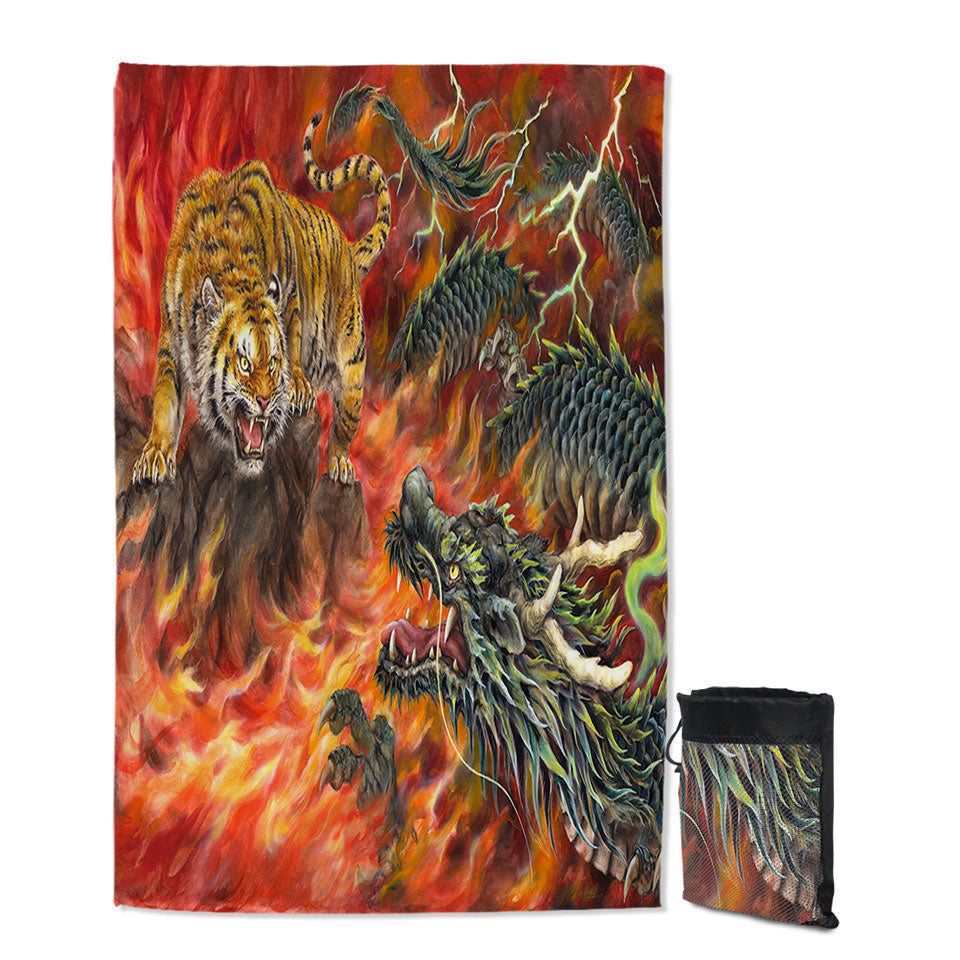 Cool Travel Beach Towel for Men Fantasy Art Dragon vs Tiger in Fire