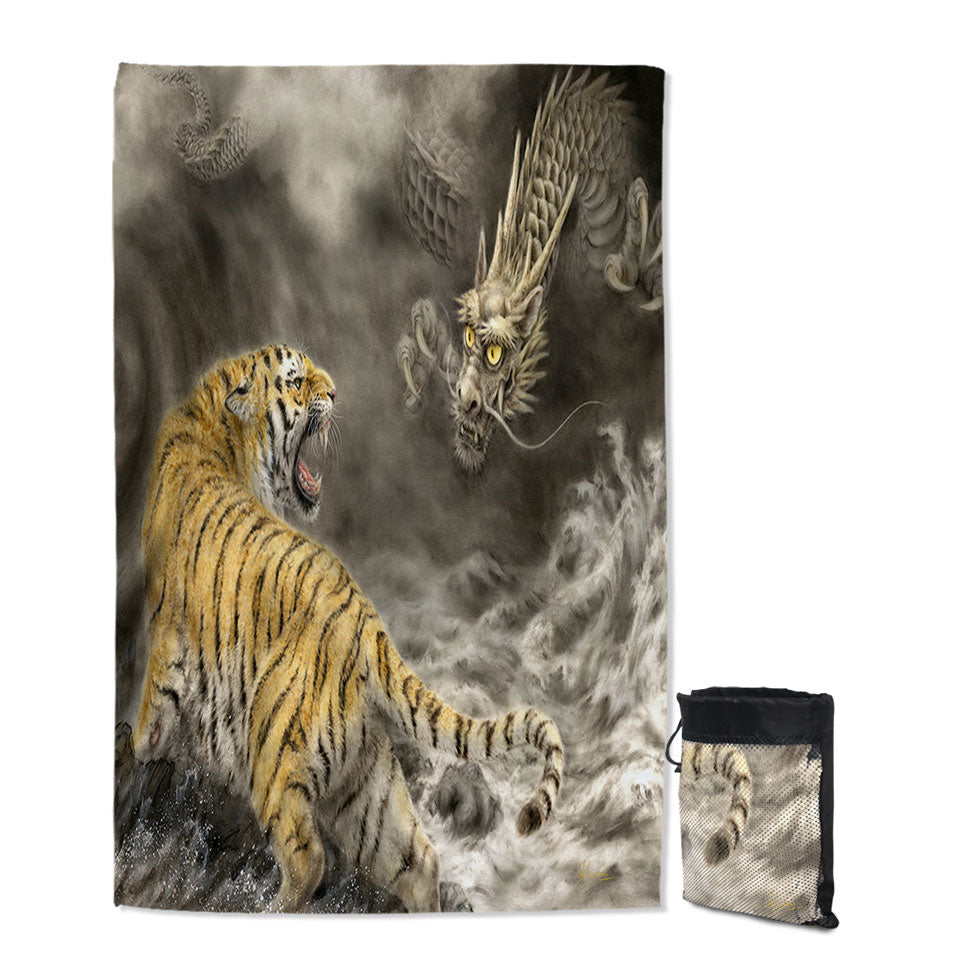 Cool Travel Beach Towel for Men Fantasy Art Dragon vs Tiger