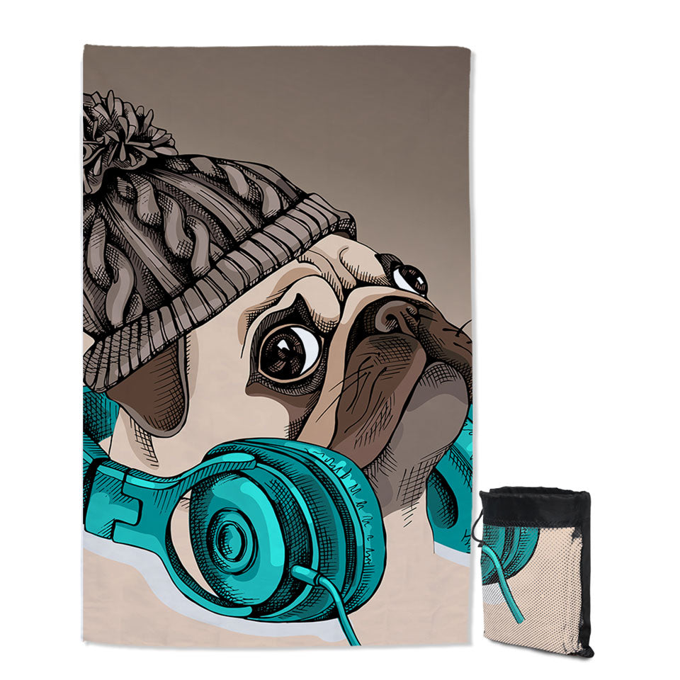 Cool Travel Beach Towel with Winter Pug Wearing Headphones