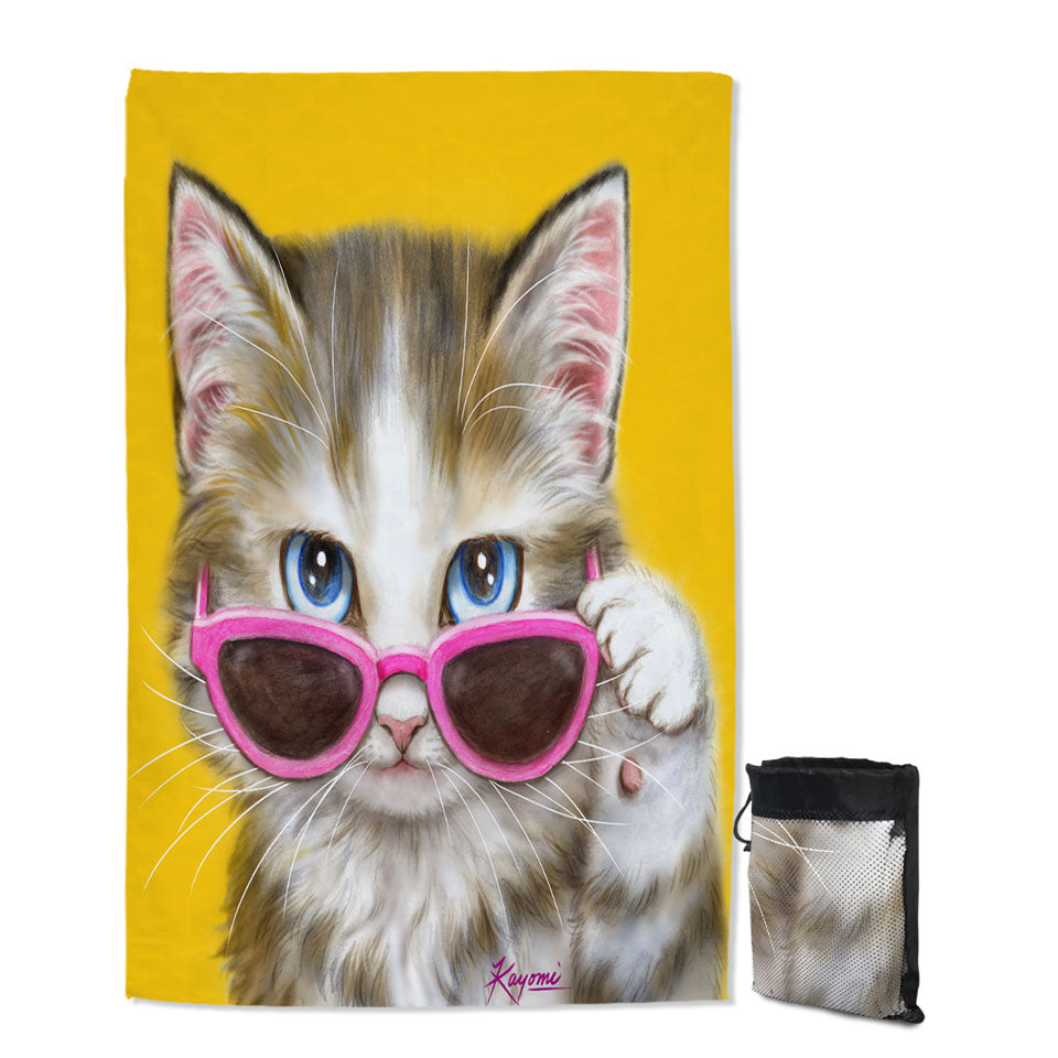 Cool Trendy Travel Beach Towel for Girls Cat Art Girly Kitten Wearing Pink Sunglass