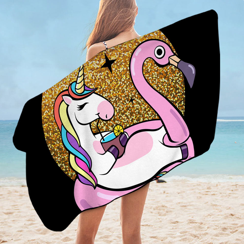 Cool Unicorn Microfiber Beach Towel Chilling on Flamingo Float