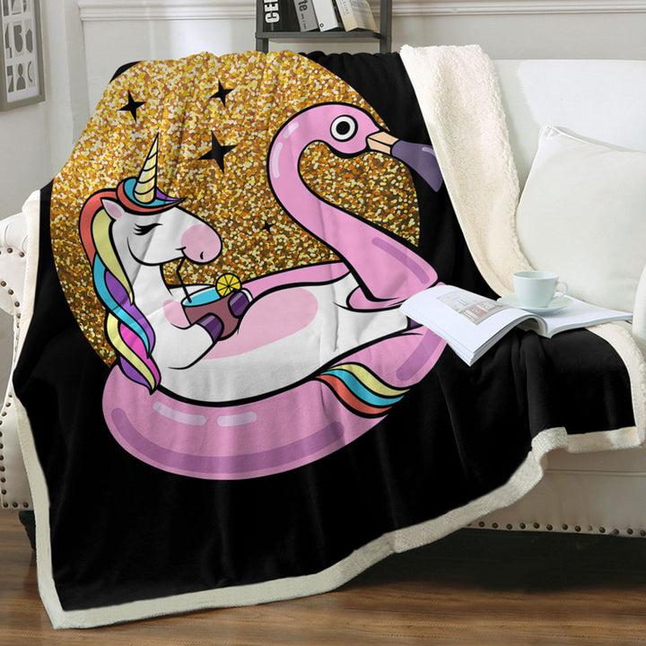 Cool Unicorn Throw Blanket Chilling on Flamingo Float