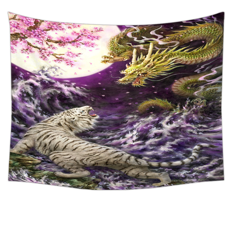Cool Wall Art Prints Painting Moonlight Battle Tiger vs Dragon