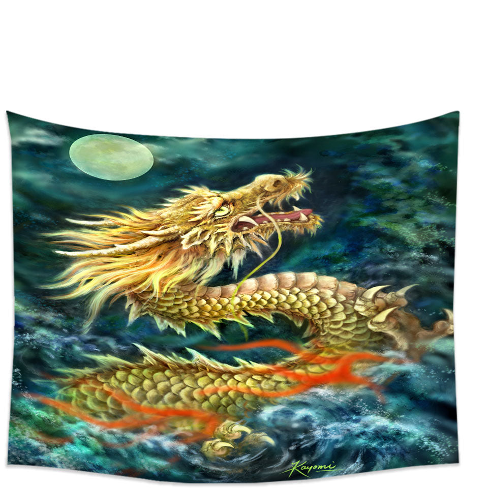 Cool Wall Decor Art Full Moon Ocean Storm Chinese Dragon Tapestry