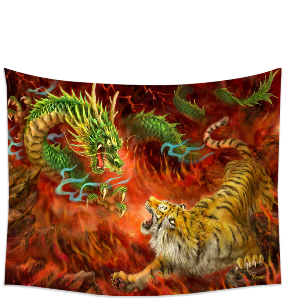 Cool Wall Decor Fantasy Art Chinese Dragon vs Tiger in Fire Tapestry