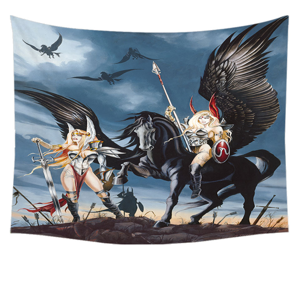 Cool Wall Decor Fantasy Art Pegasus Women Warriors Tapestry