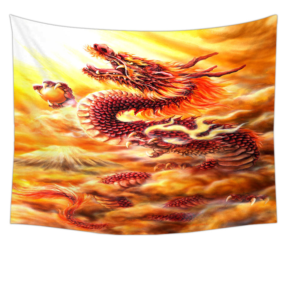Cool Wall Decor Fantasy Art Red Clouds Dragon Tapestry