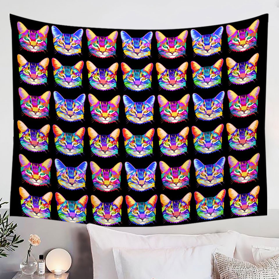 Cool Wall Decor Tapestry Colorful Cat Face Pattern
