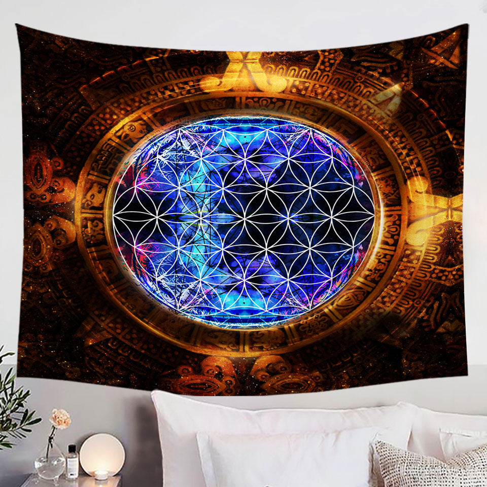 Cool Wall Decor Tapestry Golden Blue Ancient Illusion